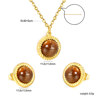 Tiger's Eye Set Gold-colored earrings:11.6mm Pendant:11.6mm 0.3 cross chain*40+5cm+6mm round plaque